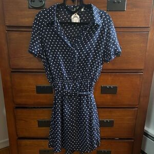 Navy w White Polka Dot Semi Sheer Lined Dress, Eileen Angeli, Sz lg (fits small)